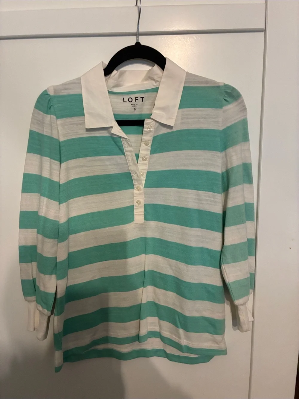 LOFT Mint Green and White Striped Polo Knit Top